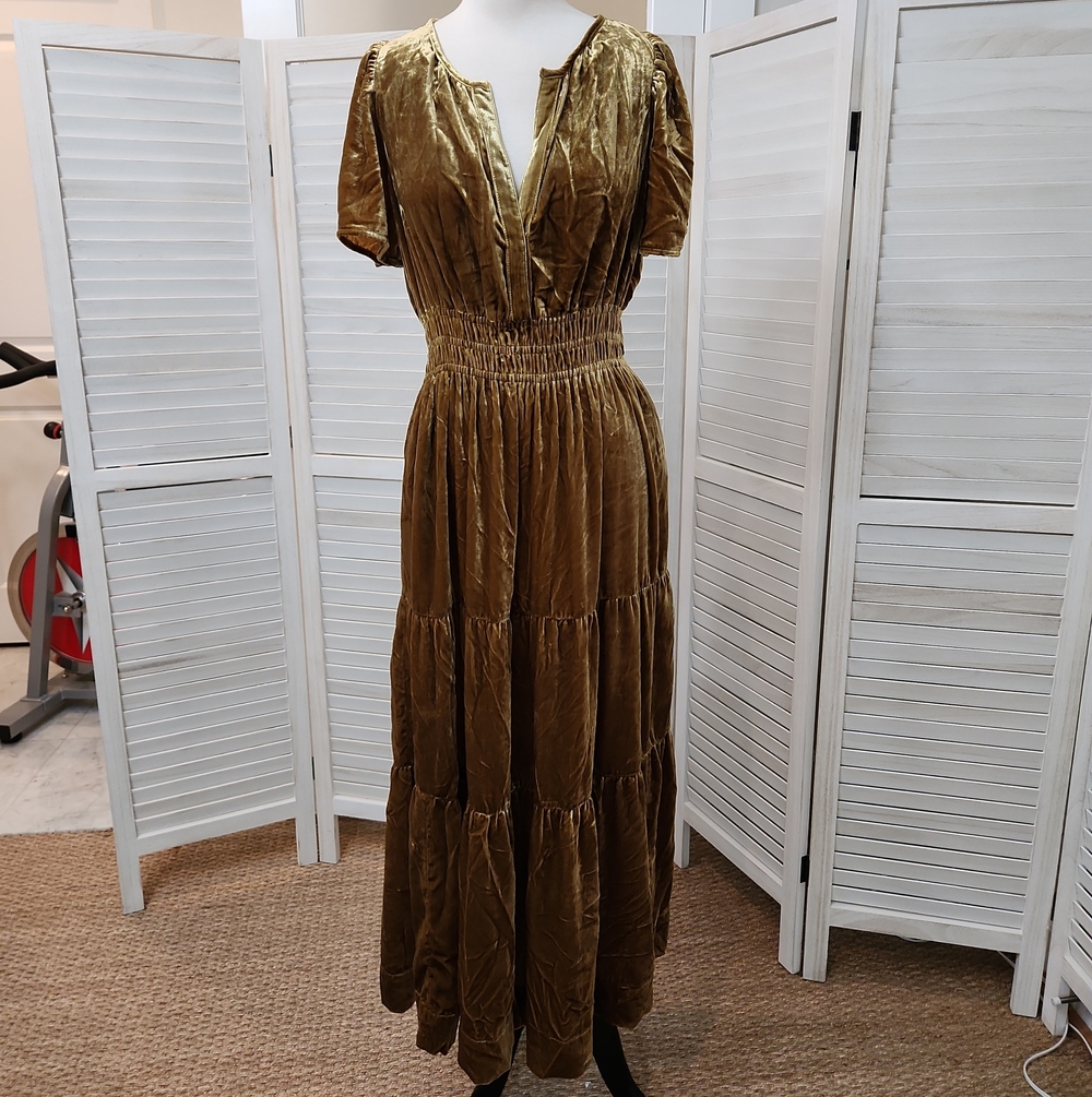 Anthropologie Gold Velvet Tiered Maxi Dress with Smocked Waist Size M NWT